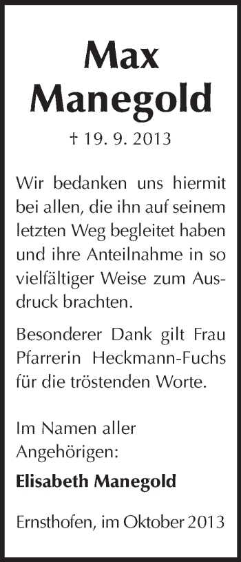 Traueranzeige von Max Manegold von Echo-Zeitungen (Gesamtausgabe)