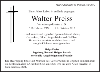 Traueranzeige von Walter Preiss von Echo-Zeitungen (Gesamtausgabe)