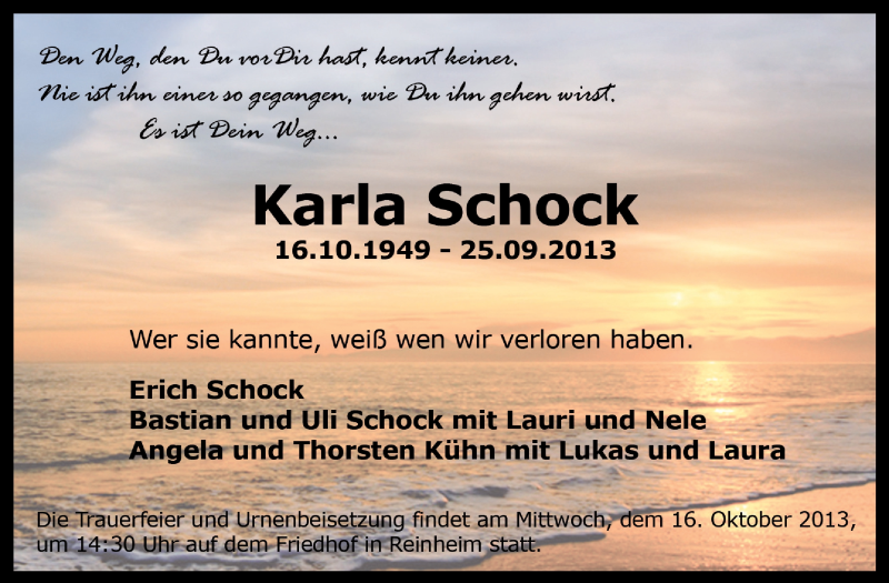  Traueranzeige für Karla Schock vom 05.10.2013 aus Echo-Zeitungen (Gesamtausgabe)