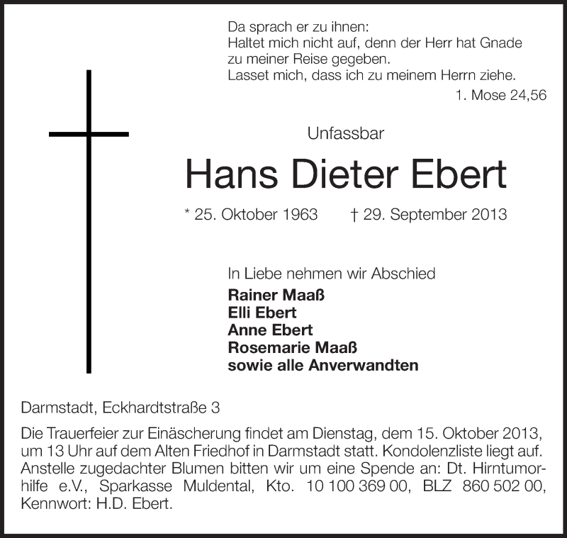  Traueranzeige für Hans Dieter Ebert vom 05.10.2013 aus Echo-Zeitungen (Gesamtausgabe)