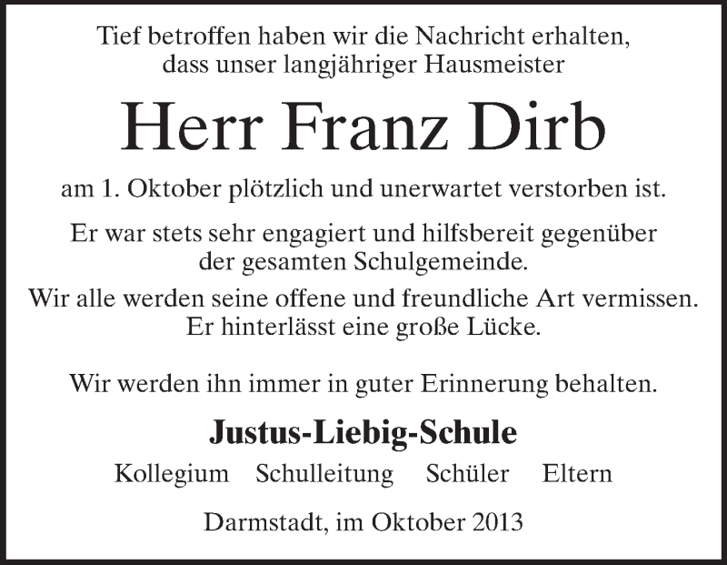  Traueranzeige für Franz Dirb vom 09.10.2013 aus Echo-Zeitungen (Gesamtausgabe)