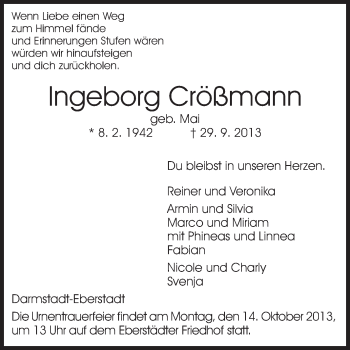 Traueranzeige von Ingeborg Crößmann von Echo-Zeitungen (Gesamtausgabe)