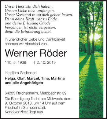 Traueranzeige von Werner Röder von Odenwälder Echo