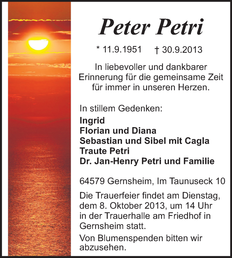  Traueranzeige für Peter Petri vom 07.10.2013 aus Echo-Zeitungen (Gesamtausgabe)