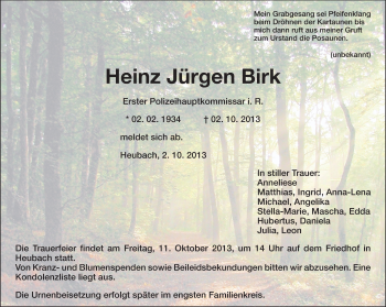 Traueranzeige von Heinz Jürgen Birk von Echo-Zeitungen (Gesamtausgabe)