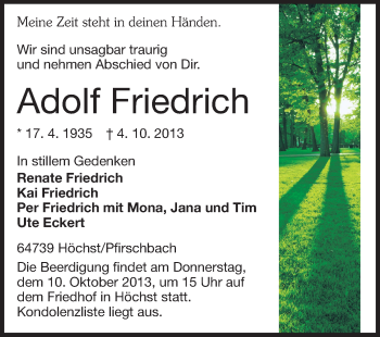 Traueranzeige von Adolf Friedrich von Odenwälder Echo