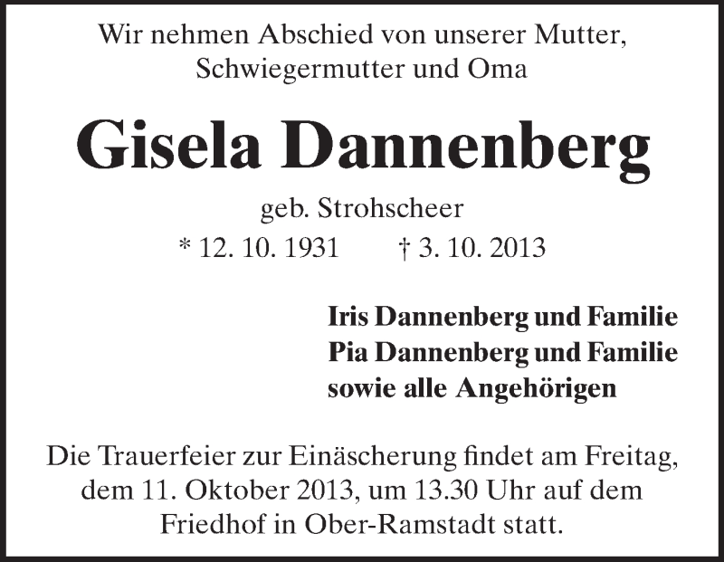  Traueranzeige für Gisela Dannenberg vom 08.10.2013 aus Echo-Zeitungen (Gesamtausgabe)