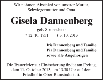 Traueranzeige von Gisela Dannenberg von Echo-Zeitungen (Gesamtausgabe)