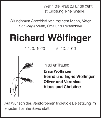 Traueranzeige von Richard Wölfinger von Rüsselsheimer Echo, Groß-Gerauer-Echo, Ried Echo