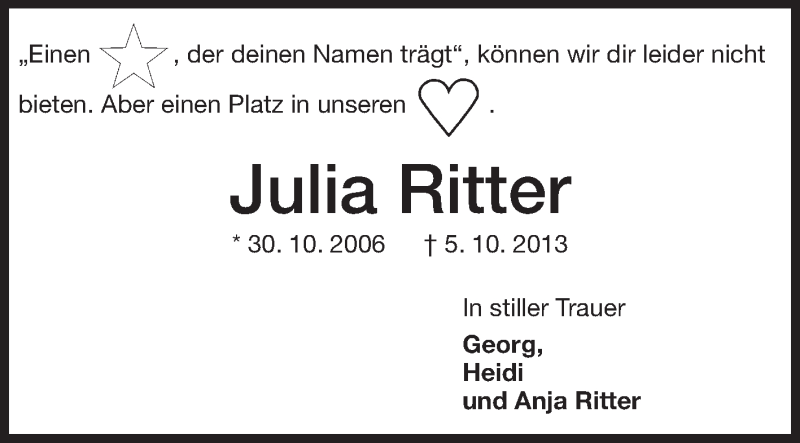  Traueranzeige für Julia Ritter vom 12.10.2013 aus Echo-Zeitungen (Gesamtausgabe)
