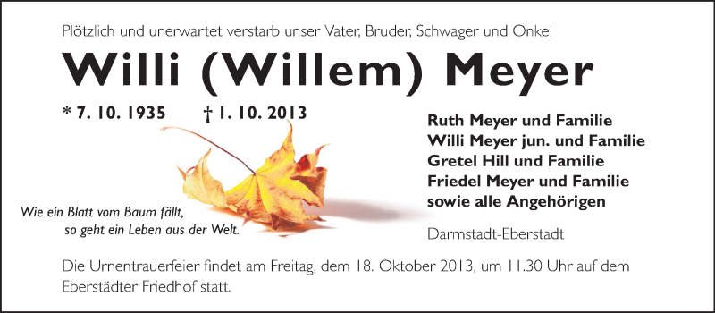 Traueranzeige für Willi Meyer vom 12.10.2013 aus Echo-Zeitungen (Gesamtausgabe)