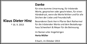 Traueranzeige von Klaus Dieter Hinz von Odenwälder Echo