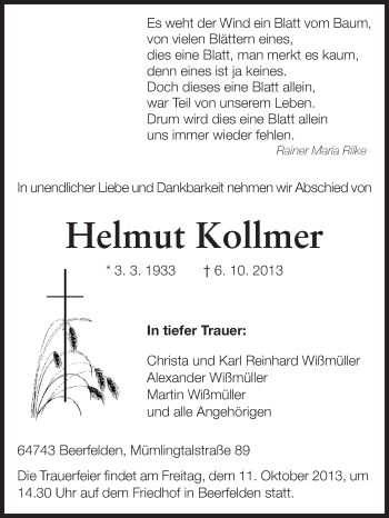 Traueranzeige von Helmut Kollmer von Odenwälder Echo