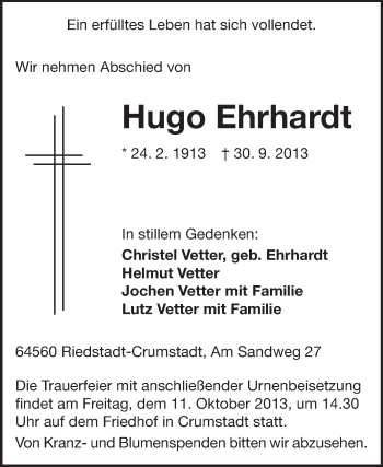 Traueranzeige von Hugo Ehrhardt von Echo-Zeitungen (Gesamtausgabe)