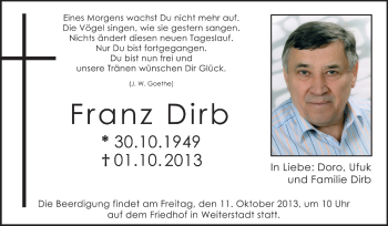 Traueranzeige von Franz Dirb von Echo-Zeitungen (Gesamtausgabe)