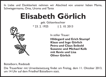 Traueranzeige von Elisabeth Görlich von Rüsselsheimer Echo, Groß-Gerauer-Echo, Ried Echo