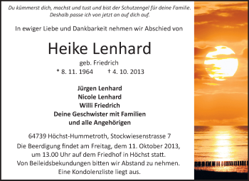 Traueranzeige von Heike Lenhard von Odenwälder Echo