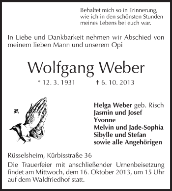 Traueranzeige von Wolfgang Weber von Rüsselsheimer Echo, Groß-Gerauer-Echo, Ried Echo