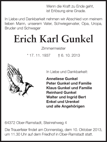 Traueranzeige von Erich Karl Gunkel von Echo-Zeitungen (Gesamtausgabe)