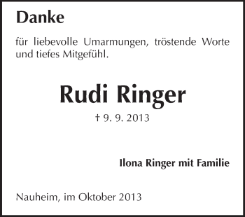 Traueranzeige von Rudi Ringer von Rüsselsheimer Echo, Groß-Gerauer-Echo, Ried Echo