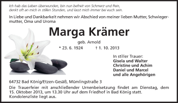 Traueranzeige von Marga Krämer von Odenwälder Echo