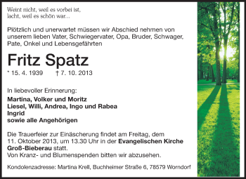 Traueranzeige von Fritz Spatz von Echo-Zeitungen (Gesamtausgabe)