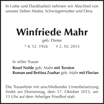 Traueranzeige von Winfriede Mahr von Echo-Zeitungen (Gesamtausgabe)