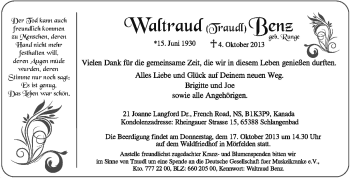 Traueranzeige von Waltraud Benz von Echo-Zeitungen (Gesamtausgabe)