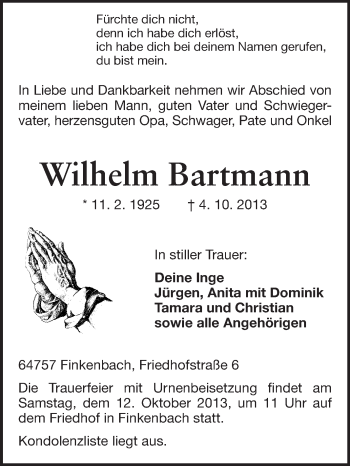 Traueranzeige von Wilhelm Bartmann von Odenwälder Echo
