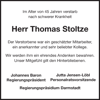 Traueranzeige von Thomas Stoltze von Echo-Zeitungen (Gesamtausgabe)