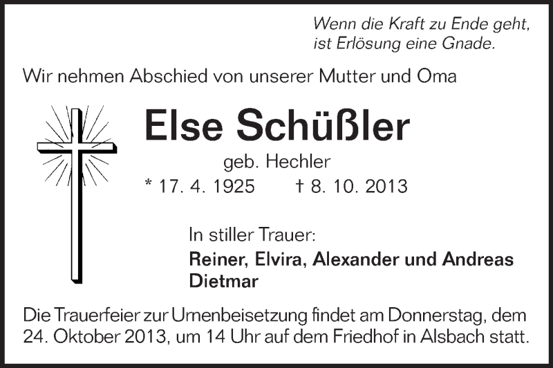  Traueranzeige für Else Schüßler vom 12.10.2013 aus Echo-Zeitungen (Gesamtausgabe)