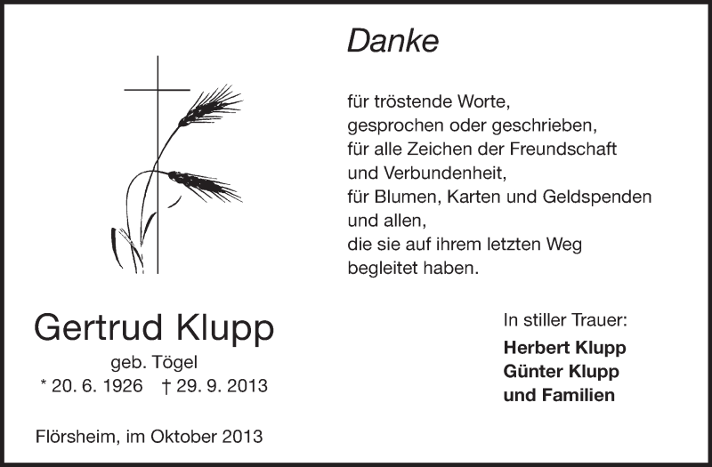  Traueranzeige für Gertrud Klupp vom 12.10.2013 aus Rüsselsheimer Echo, Groß-Gerauer-Echo, Ried Echo
