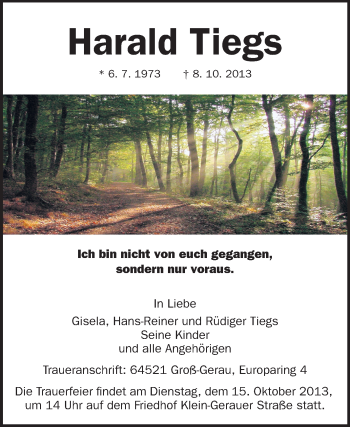 Traueranzeige von Harald Tiegs von Rüsselsheimer Echo, Groß-Gerauer-Echo, Ried Echo