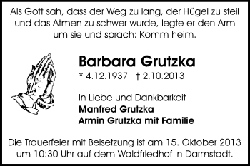 Traueranzeige von Barbara Grutzka von Echo-Zeitungen (Gesamtausgabe)