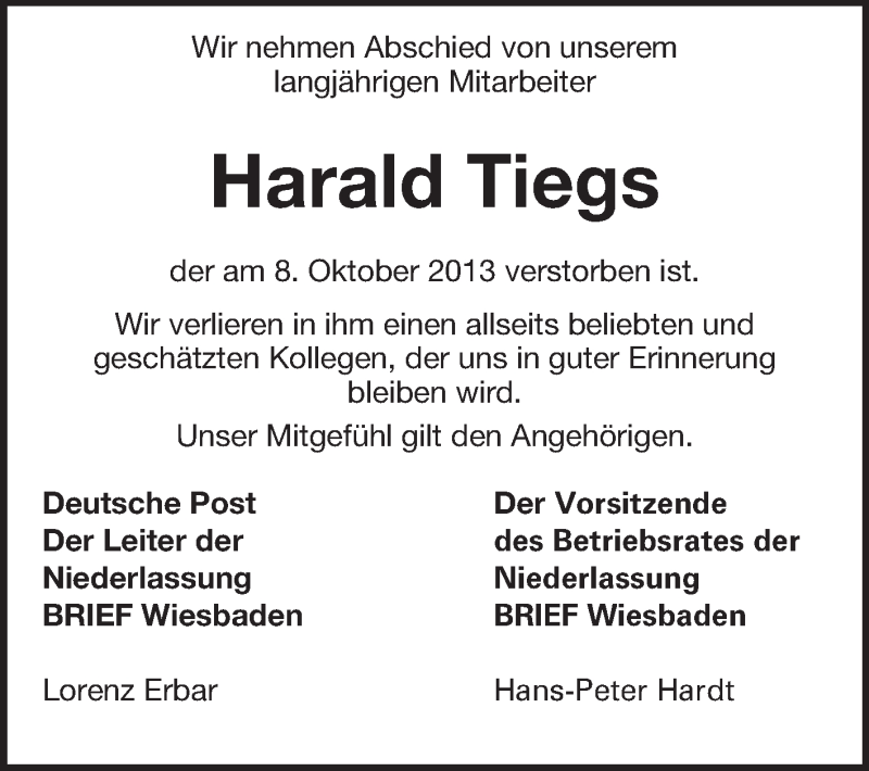  Traueranzeige für Harald Tiegs vom 12.10.2013 aus Rüsselsheimer Echo, Groß-Gerauer-Echo, Ried Echo