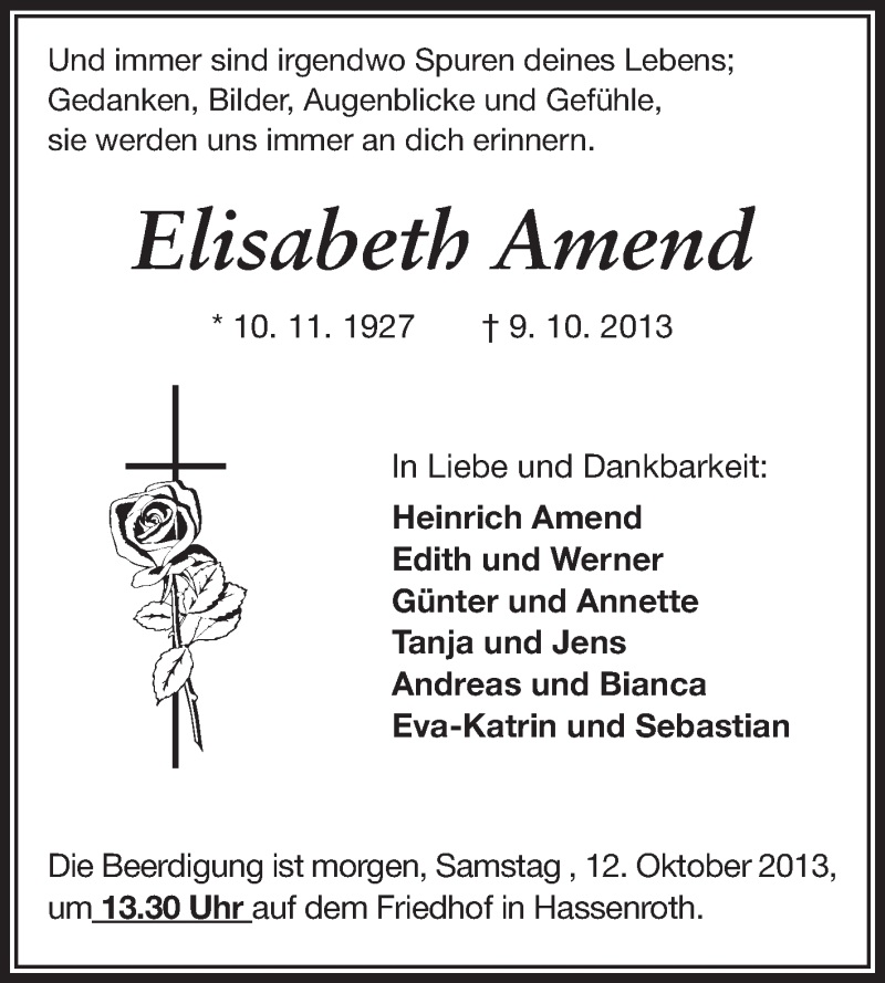  Traueranzeige für Elisabeth Amend vom 11.10.2013 aus Echo-Zeitungen (Gesamtausgabe)