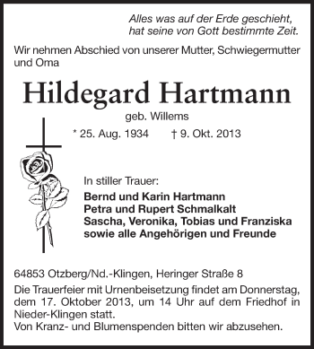 Traueranzeige von Hildegard Hartmann von Echo-Zeitungen (Gesamtausgabe)