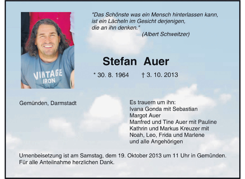  Traueranzeige für Stefan Auer vom 12.10.2013 aus Echo-Zeitungen (Gesamtausgabe)