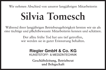 Traueranzeige von Silvia Tomesch von Echo-Zeitungen (Gesamtausgabe)