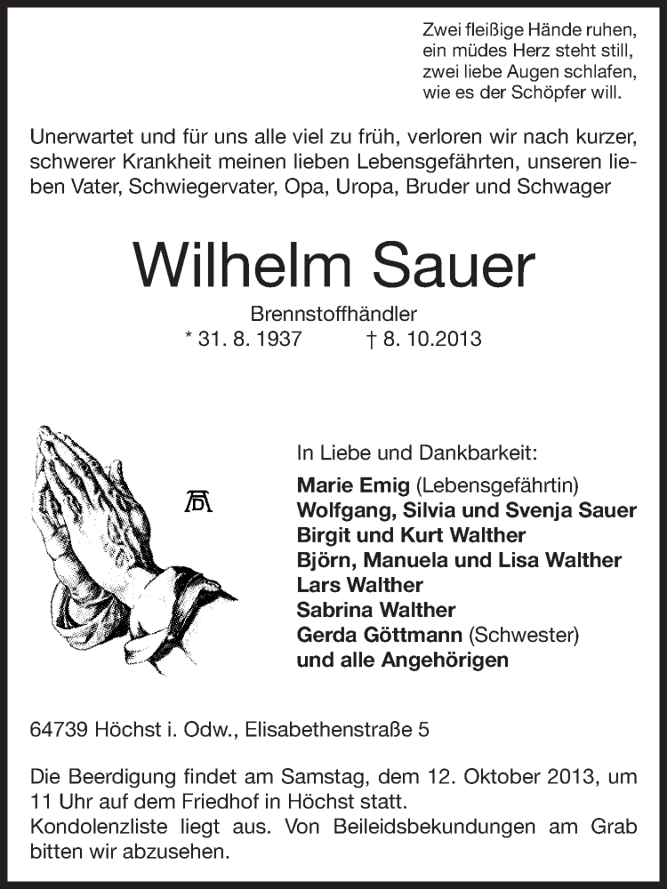  Traueranzeige für Wilhelm Sauer vom 11.10.2013 aus Odenwälder Echo