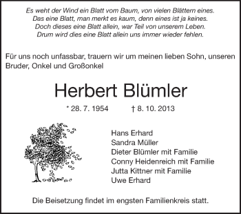 Traueranzeige von Herbert Blümler von Echo-Zeitungen (Gesamtausgabe)