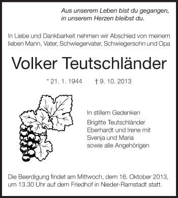 Traueranzeige von Volker Teutschländer von Echo-Zeitungen (Gesamtausgabe)