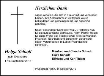 Traueranzeige von Helga Schadt von Echo-Zeitungen (Gesamtausgabe)