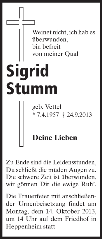 Traueranzeige von Sigrid Stumm von Starkenburger Echo