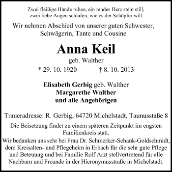 Traueranzeige von Anna Keil von Odenwälder Echo