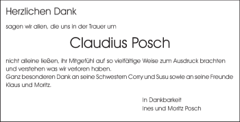 Traueranzeige von Claudius Posch von Echo-Zeitungen (Gesamtausgabe)