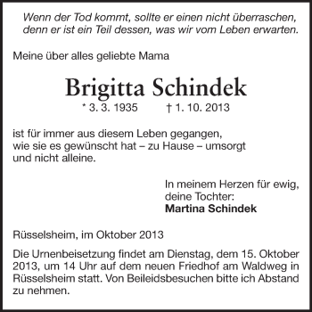 Traueranzeige von Brigitta Schindek von Rüsselsheimer Echo, Groß-Gerauer-Echo, Ried Echo