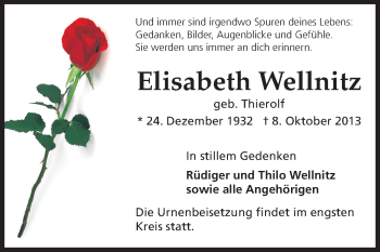 Traueranzeige von Elisabeth Wellnitz von Echo-Zeitungen (Gesamtausgabe)