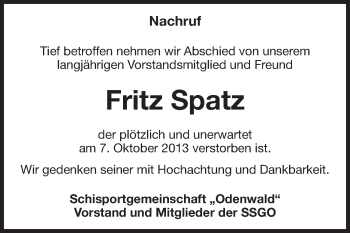 Traueranzeige von Fritz Spatz von Odenwälder Echo