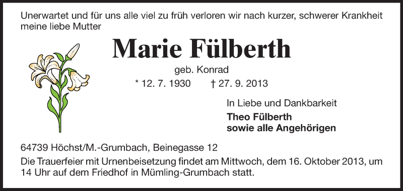  Traueranzeige für Marie Fülberth vom 14.10.2013 aus Odenwälder Echo